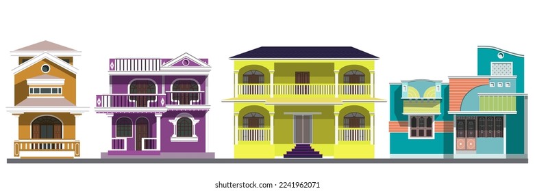 A set of four houses in India on a white background is a flat vector illustration. Colored houses with several floors in India on a white background. Flat illustration.