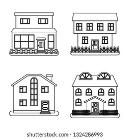 Set of four houses in thin line style on white background. Vector illustration.