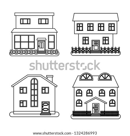 Set of four houses in thin line style on white background. Vector illustration.