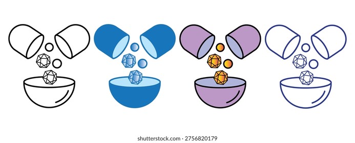 Set of four ice cream scoops in bowls with colorful toppings illustration