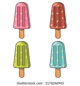 A Set Of Four Ice Creams In Different Colors. Chocolate And Fruit Popsicle.