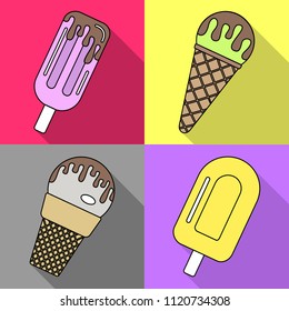 Set of four ice creams in flat style isolated on colorful background with shadow. Vector illustration