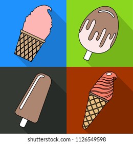 Set of four ice creams in flat style isolated on colorful background with shadow. Vector illustration
