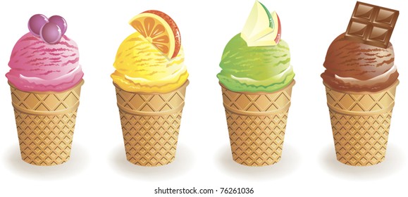 set of four Ice creams with fruit and chocolate