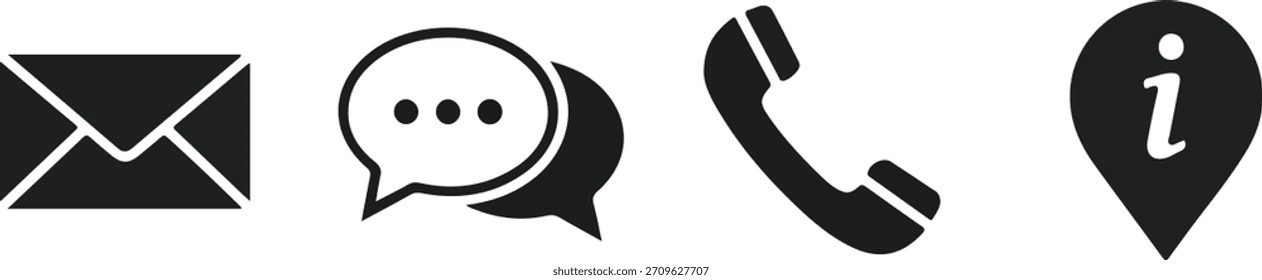 Conjunto de cuatro iconos de contacto icónicos en blanco y negro que representan la comunicación y la información en un diseño minimalista con un sobre para un correo