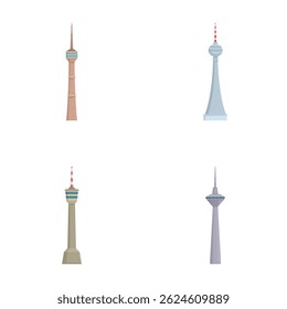 Set of four iconic towers from around the world, rendered in a minimalistic style