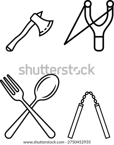 Set of four iconic weapons and utensils in simple line art