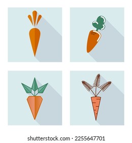 Juego de cuatro íconos de zanahorias. Fondo azul cuadrado con sombra.