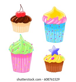 Set of four icons in cartoon style delicious muffins with frosting, chocolate and cherry. Vector illustration isolated on white. T-shirt printing.