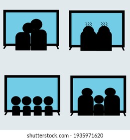 A set of four icons of the categories TV and horror, melodrama, for children, for the whole family. People are sitting in front of a blue screen watching TV.