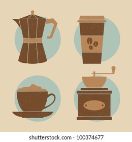 A set of four icons with coffee related items.