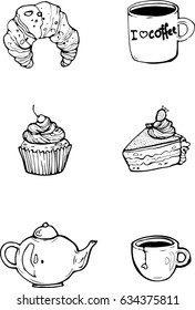 Set of four icons of coffee tea teapot croissant cake muffin vector graphics