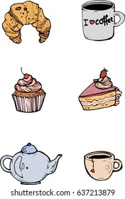 Set of four icons of coffee tea teapot croissant cake muffin vector graphics