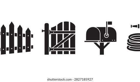 Set of four icons depicting different types of fences and gates, including picket fence, gate, gate with arch, and coiled wire, suitable for design projects.