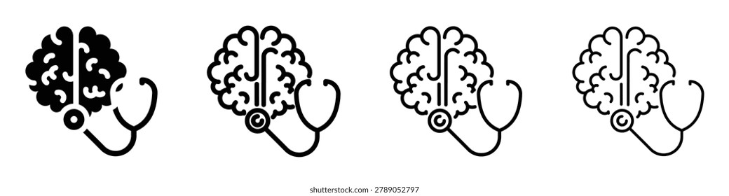 A set of four icons depicting a human brain intertwined with a stethoscope, symbolizing medical examination and brain health awareness
