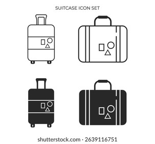 Set of four icons depicting luggage and suitcases in outline and solid styles, featuring a square, circle, and triangle design.