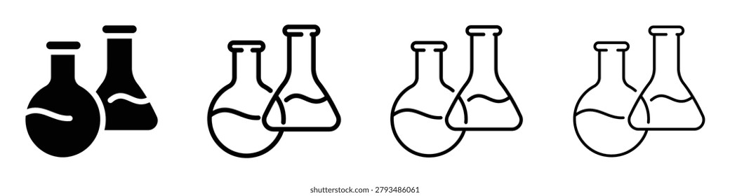 A set of four icons depicting two distinct laboratory flasks, a round-bottom flask and an Erlenmeyer flask, each containing a liquid substance