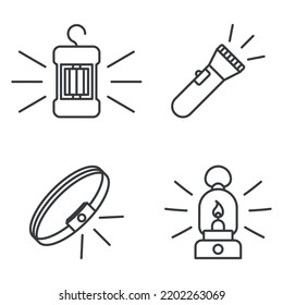 A set of four icons with different artificial light fixtures. A simple line drawing of a hanging, head and hand torch, as well as a kerosene lamp. Vector over white background.