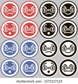 Set of four icons.
Different emotions, eyes financial symbol, flat graphics, black and white colors.