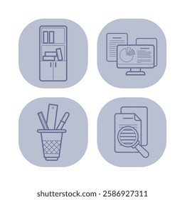 Set of four icons with essential workplace elements. Cabinet with files, computer with graphs, pen holder, and document with magnifying glass