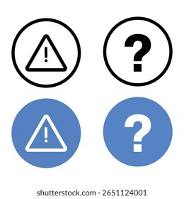 Set of four icons featuring a warning symbol and a question mark. Two icons are black and white within circles, while the other two are white on a blue background.