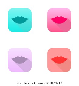 Set of four icons with flat lips and flat shadows in a modern style turquoise, pink, purple and red.