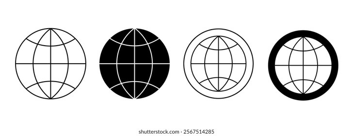 Set of four icons in the form of globes with latitude and longitude lines. Global search icon. Suitable for web design and interfaces.