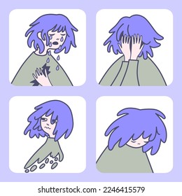 A set of four icons: a girl experiencing different emotions such as sadness, grief, being devastated and heartbroken. Vector illustration.