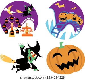 A set of four icons of Halloween depicting a witch on a broomstick flying over a ferris wheel and a carousel and a train made of pumpkins riding beside a snowy mountain with bats in the sky