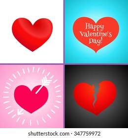 Set of four Icons of Hearts. Heart broken, heart with arrow, red heart and with Happy Valentine's day Text.  Great for Valentine's Day, Mother's Day, Easter, wedding, scrapbook, photo album. Vector 