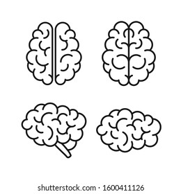 Set of four icons of human brain. Lateral and superior views of cerebrum. Vector illustration of outline style are isolated on white background.