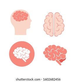 Set of four icons of human brain in pink. Lateral, superior views of cerebrum, in circle and in the head. Vector illustration in flat style are isolated on white background.