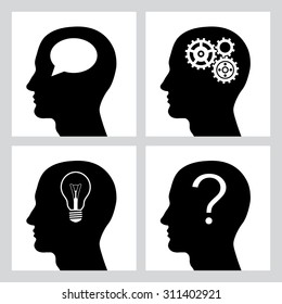 Set of four icons with human profile. Head silhouette with gears, bulb, question and speech bubble. Man thinking about new idea. Vector illustration.