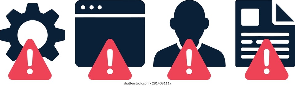 Set of four icons including gear, browser window, person, and document, each with a red triangle warning symbol in front, representing alerts or error notifications.