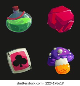 Set of four icons with items. Handmade stickers. Bright cartoon elements for game design, gambling with magic potion, gem, playing cards, fantasy mushroom.