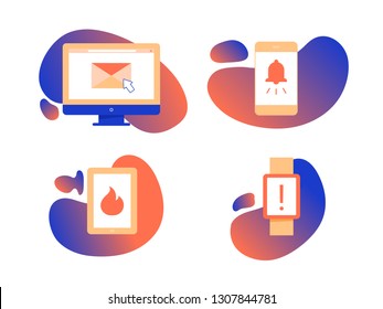 Set of four icons on gradient background. Multi-factor authentication, a variety of electronic devices, notification and new message. Computer, mobile, tablet, smart watch. Vector illustration.