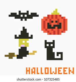 Set of four icons on halloween theme - bat, pumpkin. witch and cat, vector