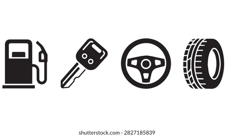 Set of four icons representing car fuel pump key steering wheel and tire, illustrating automotive components and vehicle maintenance symbols.