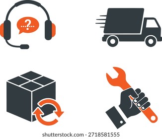 Un conjunto de cuatro iconos que representan los servicios de Asistencia al cliente, entrega y mantenimiento