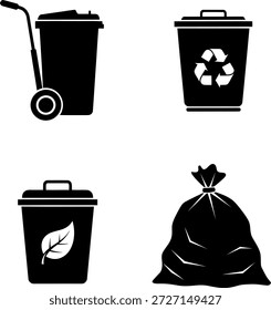 Un conjunto de cuatro iconos que representan diferentes aspectos de la gestión de residuos y reciclaje.