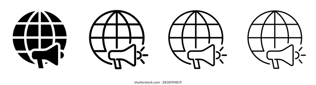 A set of four icons representing global communication and announcements using a megaphone and a stylized globe