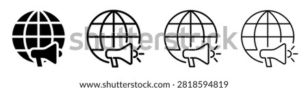 A set of four icons representing global communication and announcements using a megaphone and a stylized globe