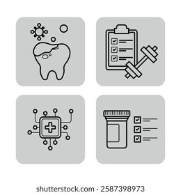 Set of four icons representing medicine, including tooth with germs, checklist, weight, medical cross, and prescription bottle. Various health concepts