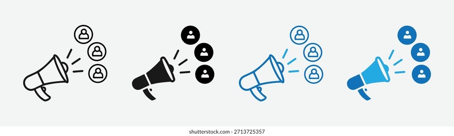 Set of four icons representing a megaphone or loudspeaker broadcasting a message to a group of people or users, shown in different styles: outline, solid black, outline blue, and filled blue. 