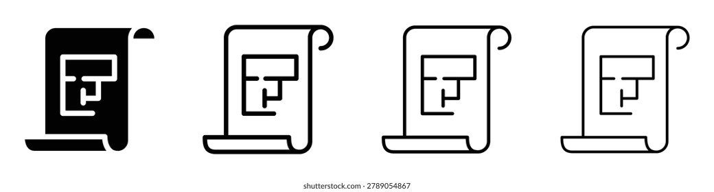 A set of four icons representing a rolled blueprint with a simple floor plan design, useful for architectural or design concepts