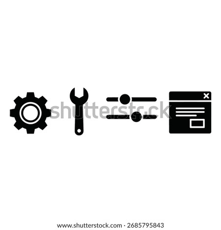 A set of four icons representing settings, tools, adjustments, and a user interface window, symbolizing configuration and customization.