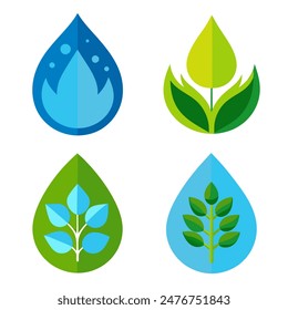 A set of four icons representing water, fire, leaves, and grain