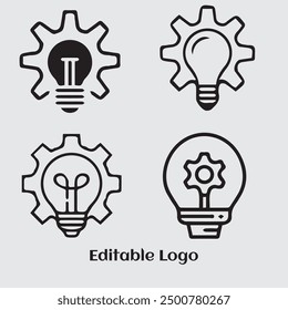 set of four icons showcasing different combinations of a light bulb and a gear symbol.


