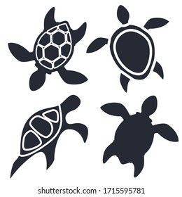 set of four icons with silhouettes of sea turtles on white background. abstract design