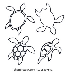 set of four icons with silhouettes of sea turtles in linear style on white background. abstract design